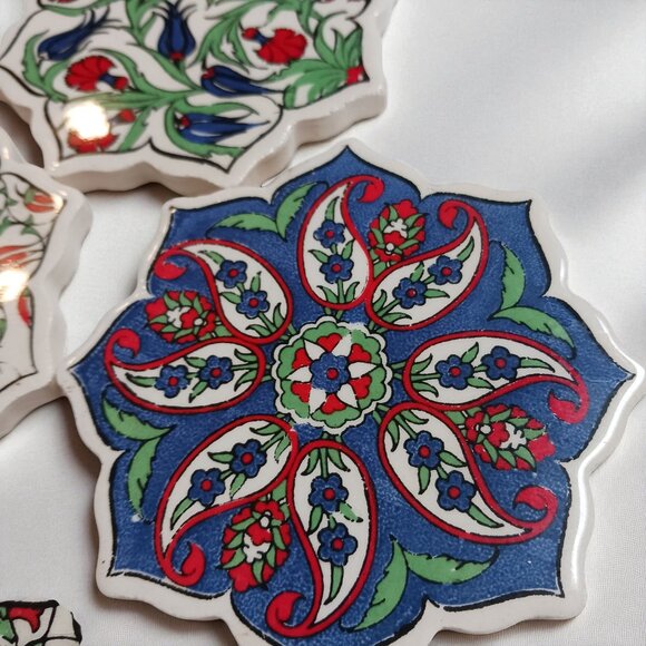 Turkish Hand Painted Ceramic Tile Coasters Set of 4 - Ottoman Iznik Style - Picture 5 of 9